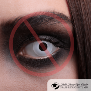 woman wearing eye makeup and colored contact lenses for halloween