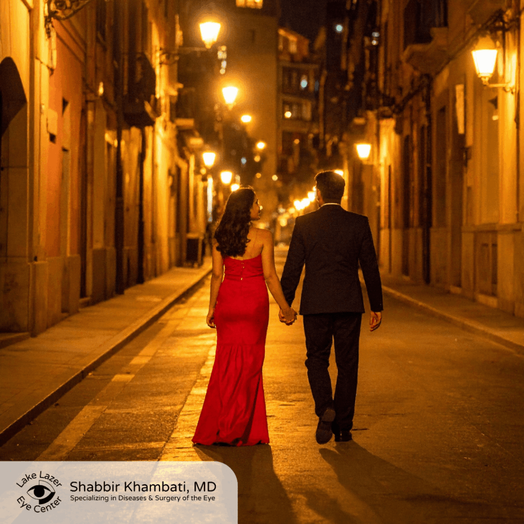 A couple dressed formally, a woman in a red gown and a man in a dark suit, walk hand in hand down a warmly lit city street at night, with streetlights glowing along the buildings and the Shabbir Khambati, MD eye center logo in the corner.